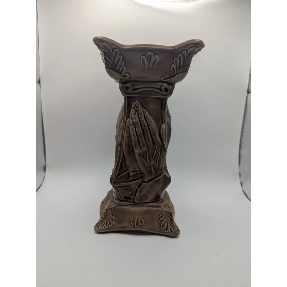 Vintage 1974 Praying Hands Ky Mold Kentucky Pedestal Candle Holder Brown Ceramic